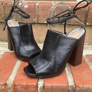 Reed Krakoff Black Leather Block Heel Peeptoe Heeled Booties Ankle Strap 39.5